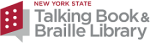 Text: New York State Talking Book and Braille Library. Logo: Book with braille on cover that is shaped like a word bubble.